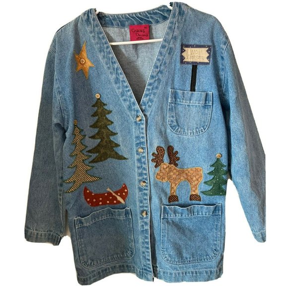 Vintage Tops - Carols Denims Vintage Button Up Denim Christmas Appliqués Tunic Top Jacket-XL